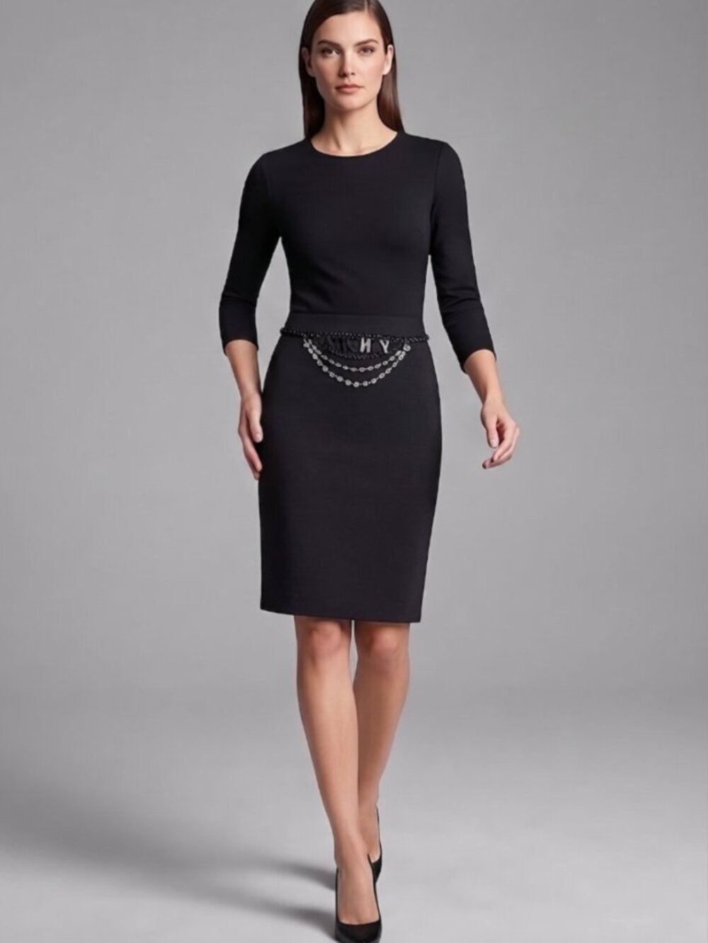 Donna Karan DKNYC Knee-Length Tailored Black Skirt with Rhinestone Swag Accent
